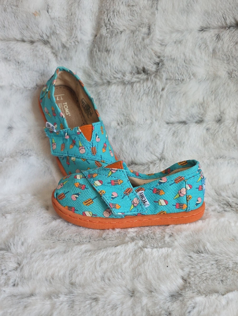 TOMS Kids Turquoise Ice Cream Print Canvas Shoes with Orange Sole